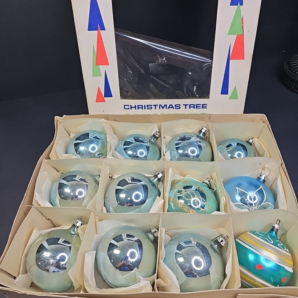 Poland Santa Land 1950s 1960s 12pcs Christmas Ornaments Blue Glass With BOX READ
